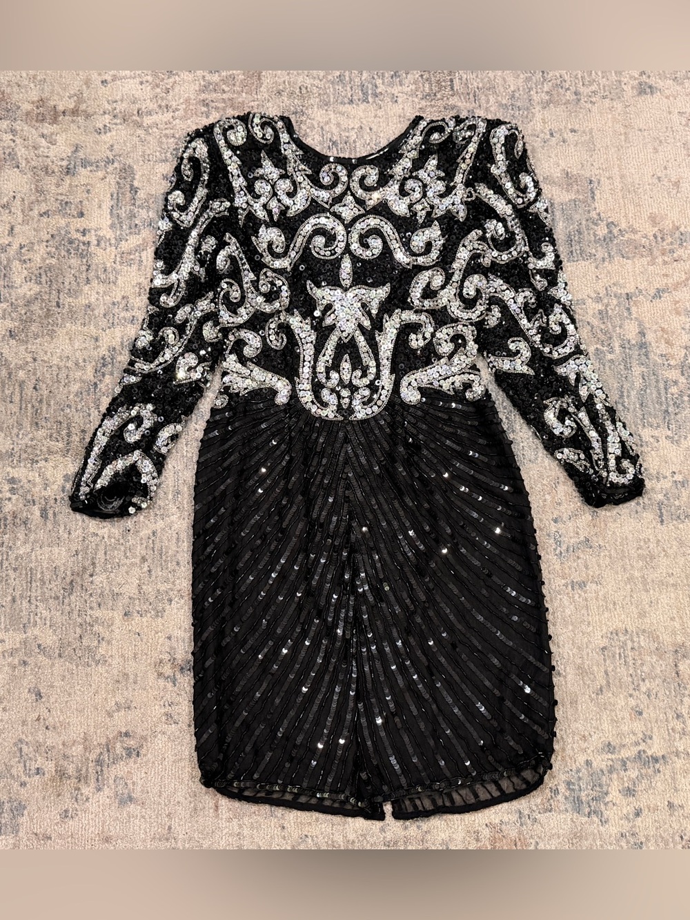 Vintage Sweelo Black Sequin Embellished Long Sleeve Cocktail Dress